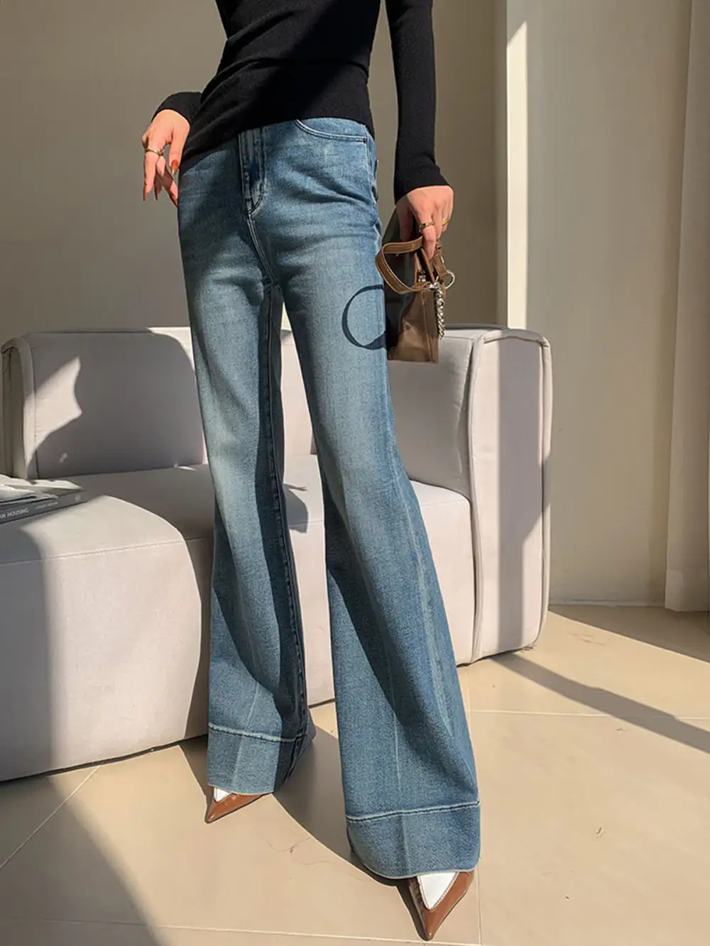 Washed Mid-Waist Flared Jeans