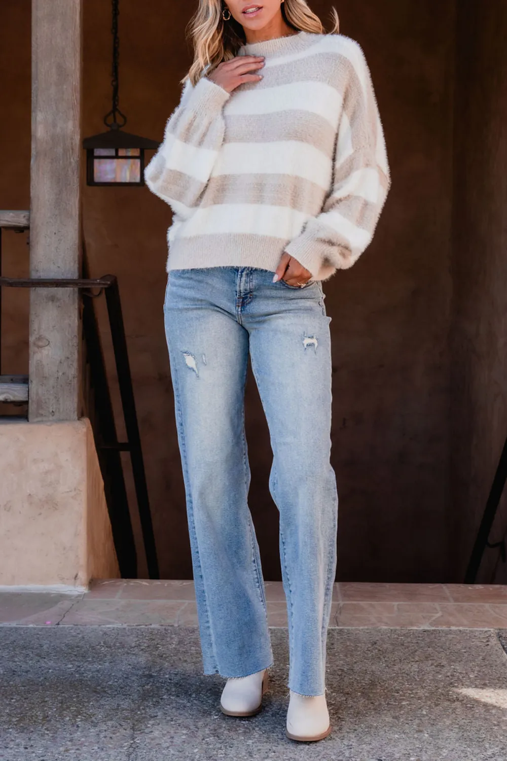 Fuzzy Beige Striped Sweater