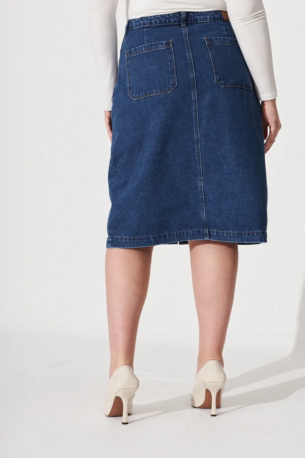 Blue Denim Button Front Midi Skirt