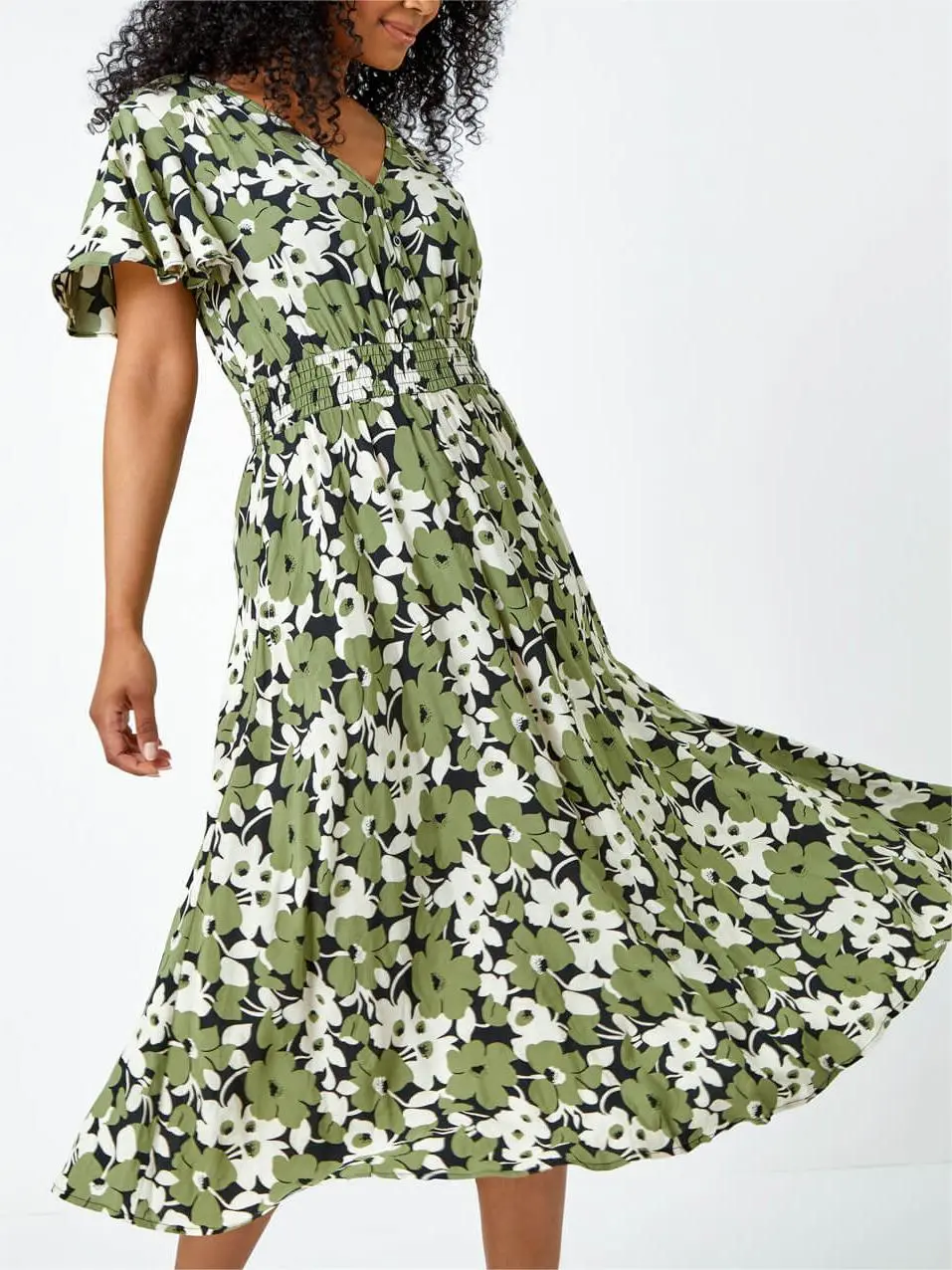 Green Petite Floral Print Shirred Midi Dress