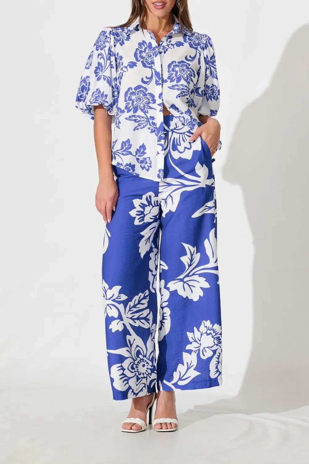 White Shirt With Blue Floral & Puff Sleeves