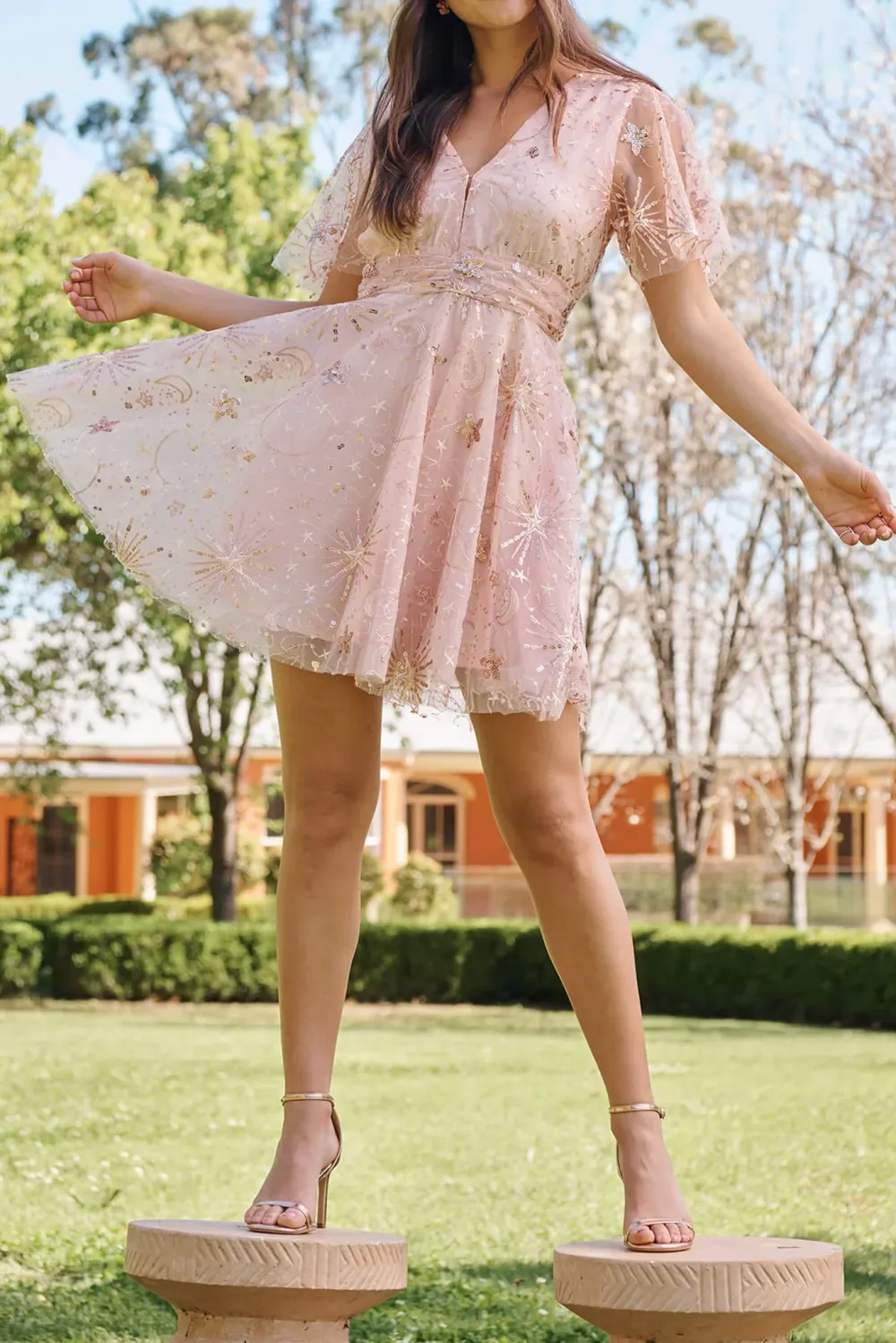 Pink Sequin Embroidered Mini Dress