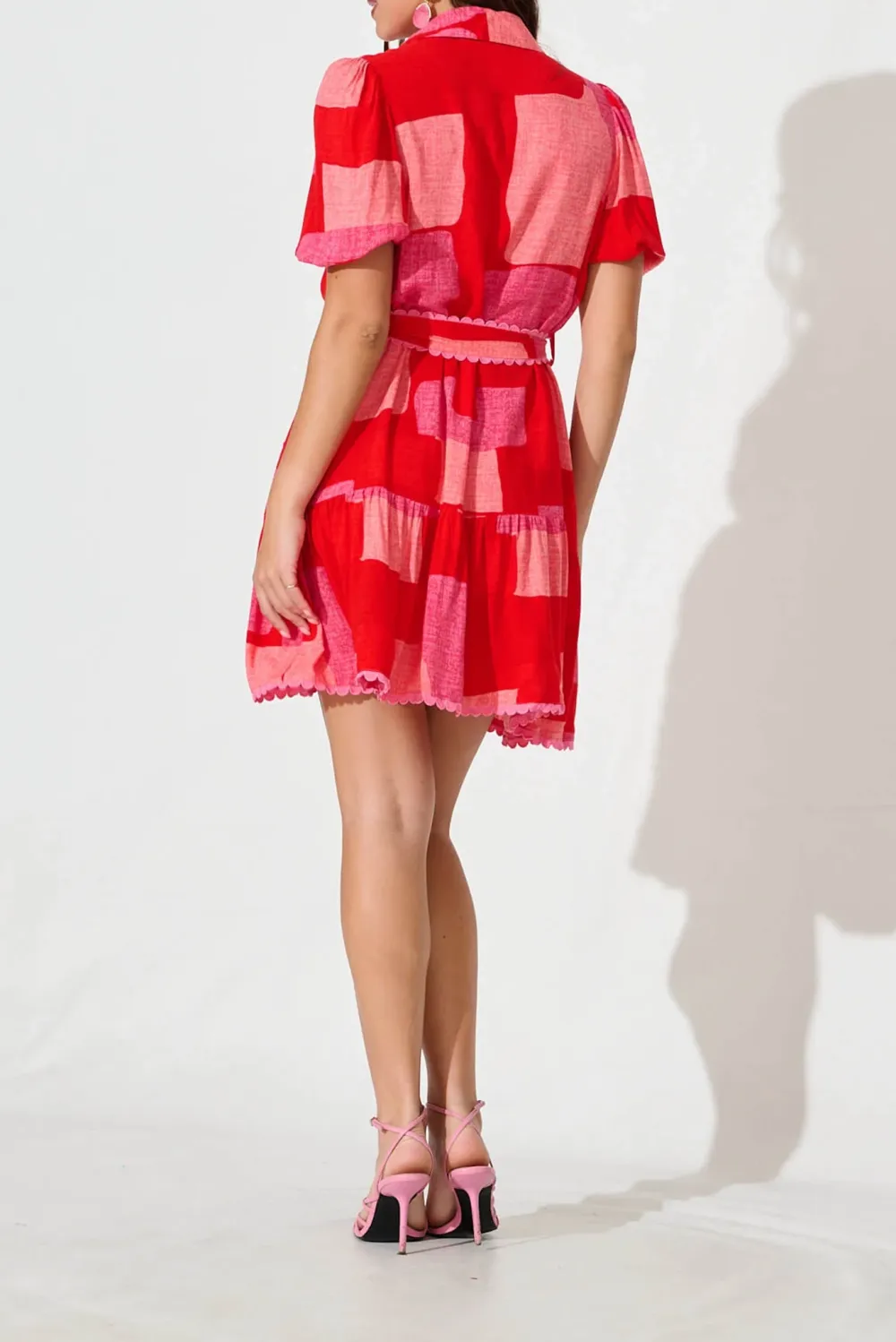 Multi Red Print Belted Mini Dress