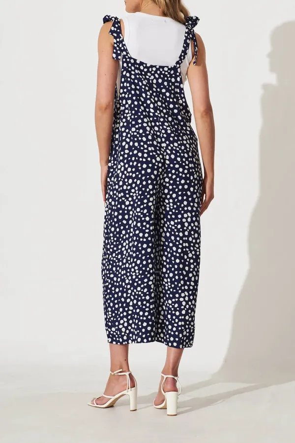 Navy Blue Polka Dot Sleeveless Overalls Jumpsuit