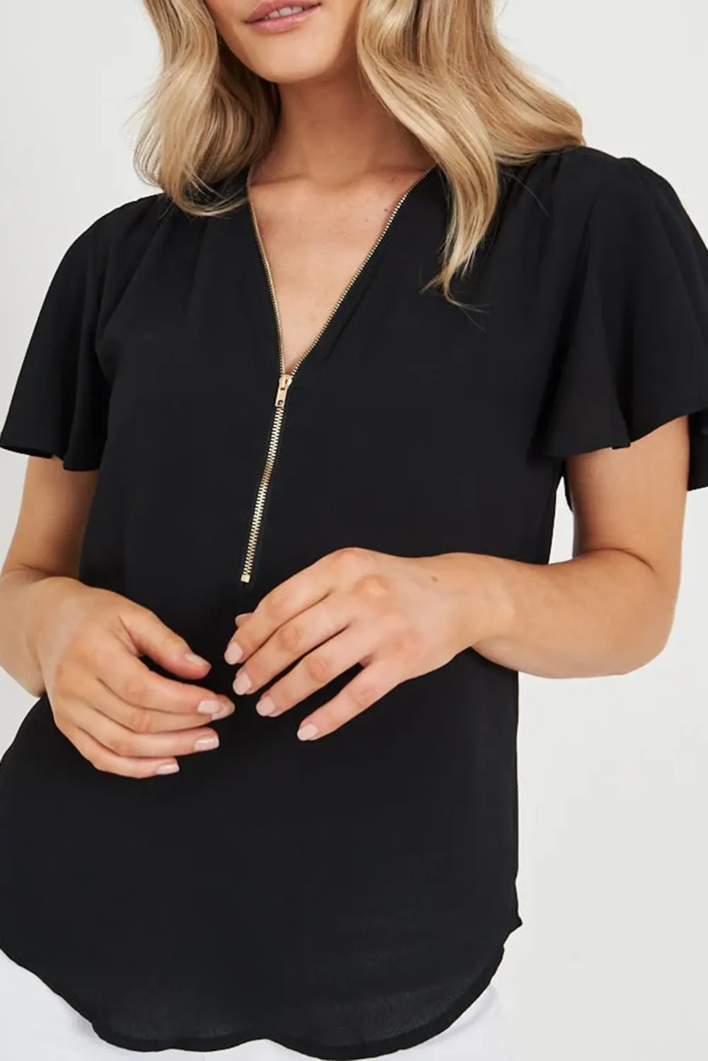 Black Zip Front Short Sleeve Blouse