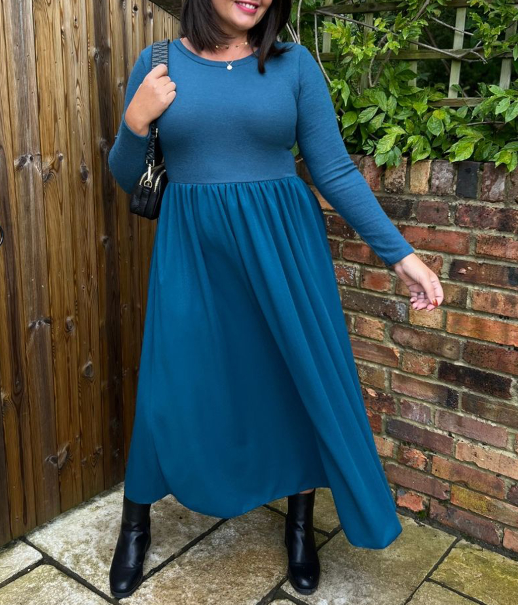 Teal Knitted Bodice Midi Dress