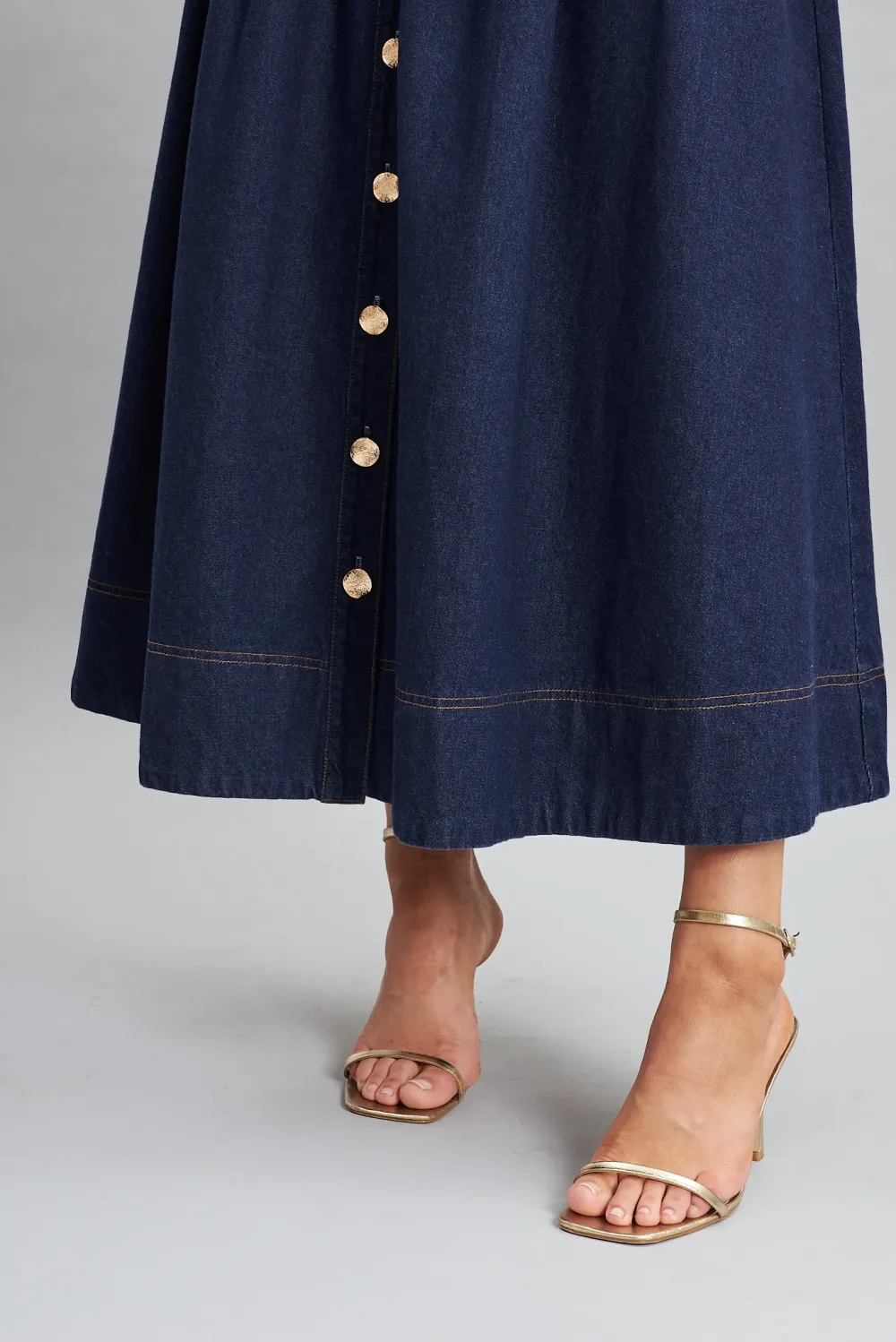 Navy Blue Button Front Denim Midi Skirt