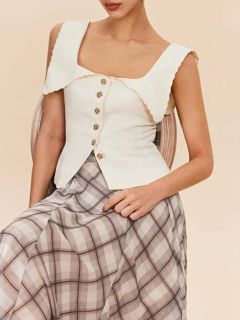 Smocking Detail Button Up Square Neck Top