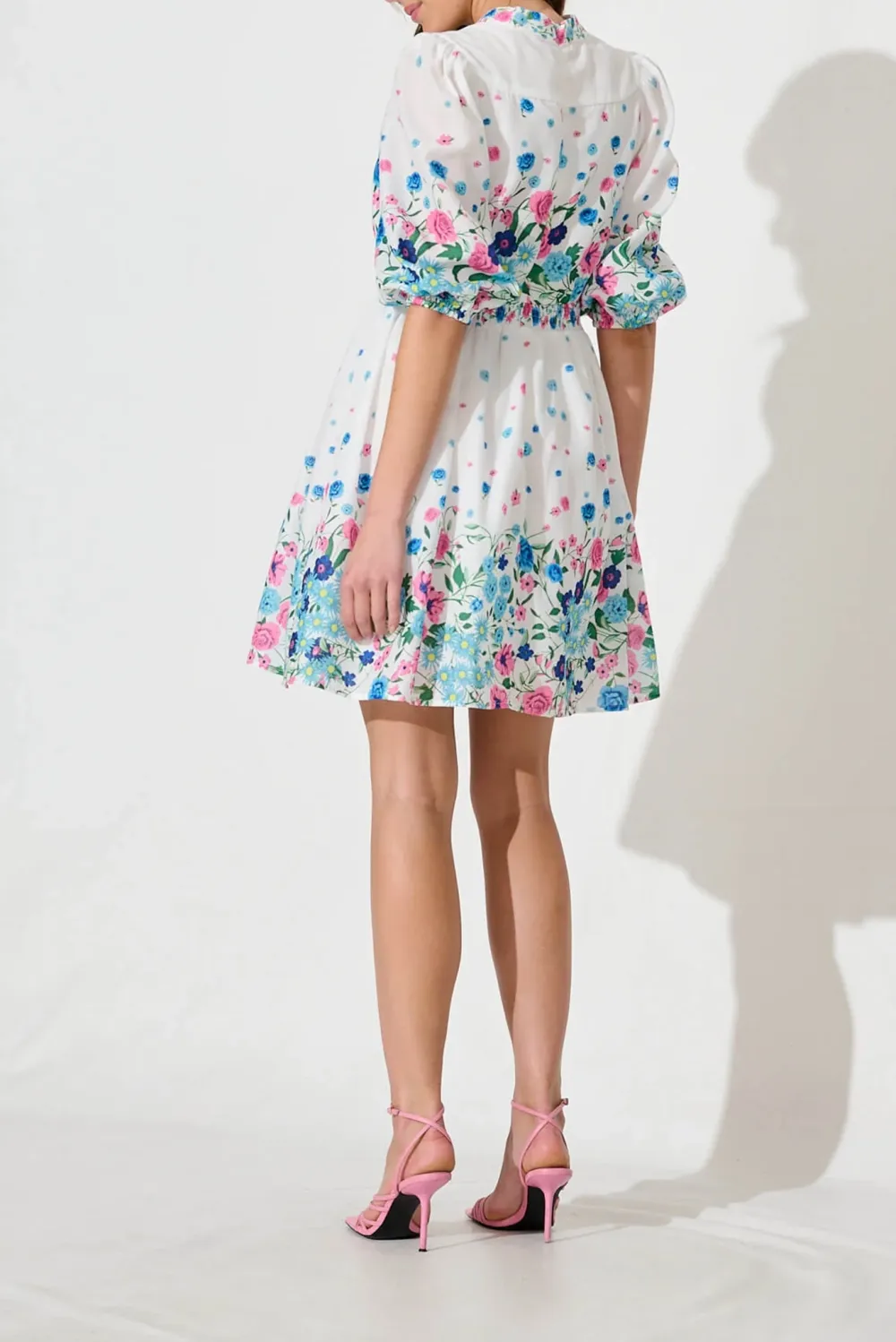 White Floral Print Mini Dress With Puff Sleeves