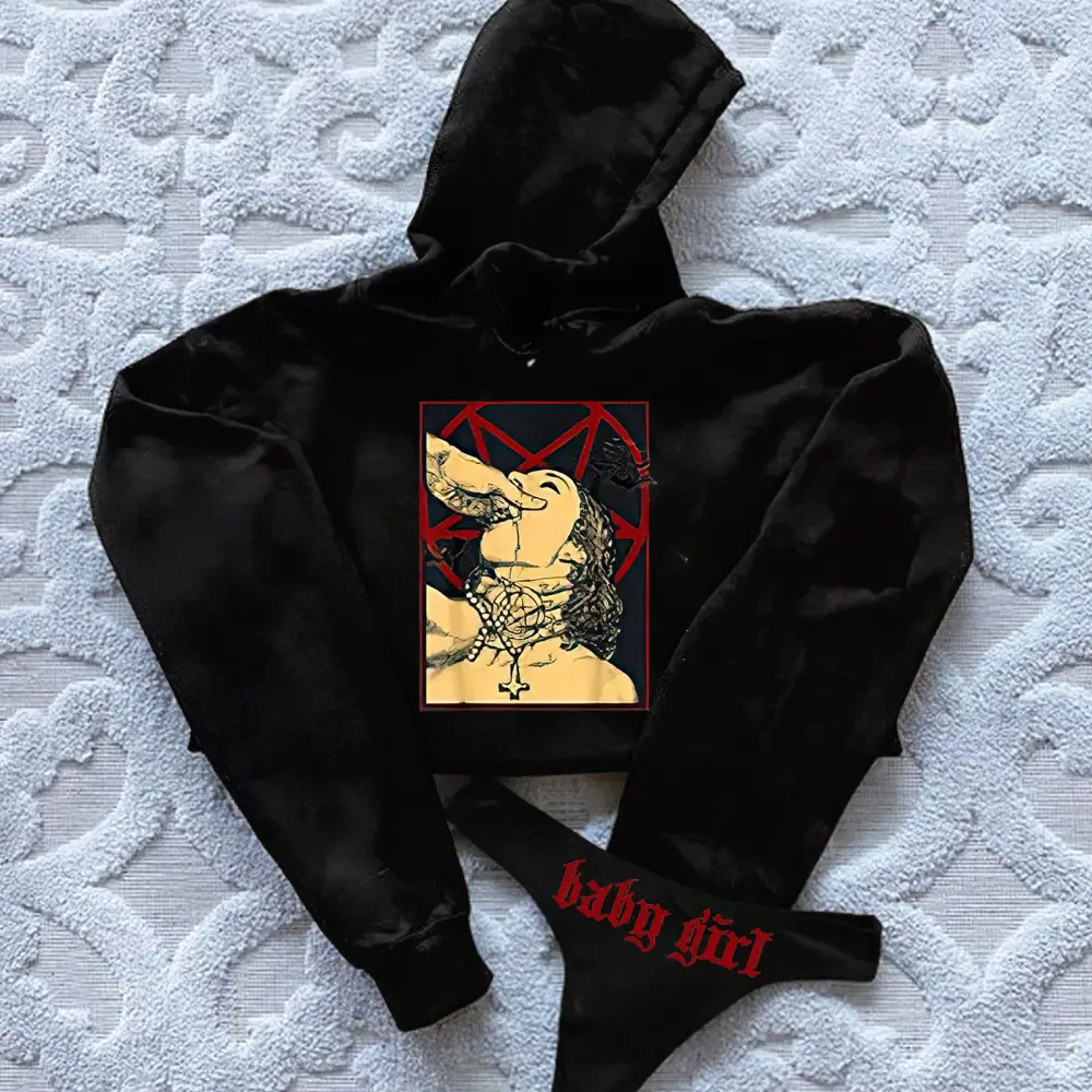 Satanic Girl Printed Women's Cropped Hoodie & Thong Sets