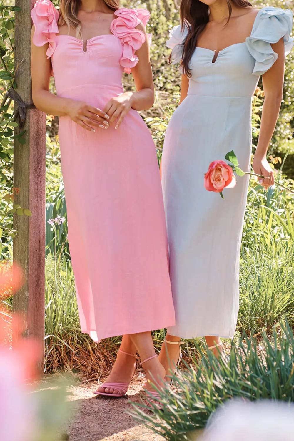 Pink Ruffled Shoulder Maxi Dress