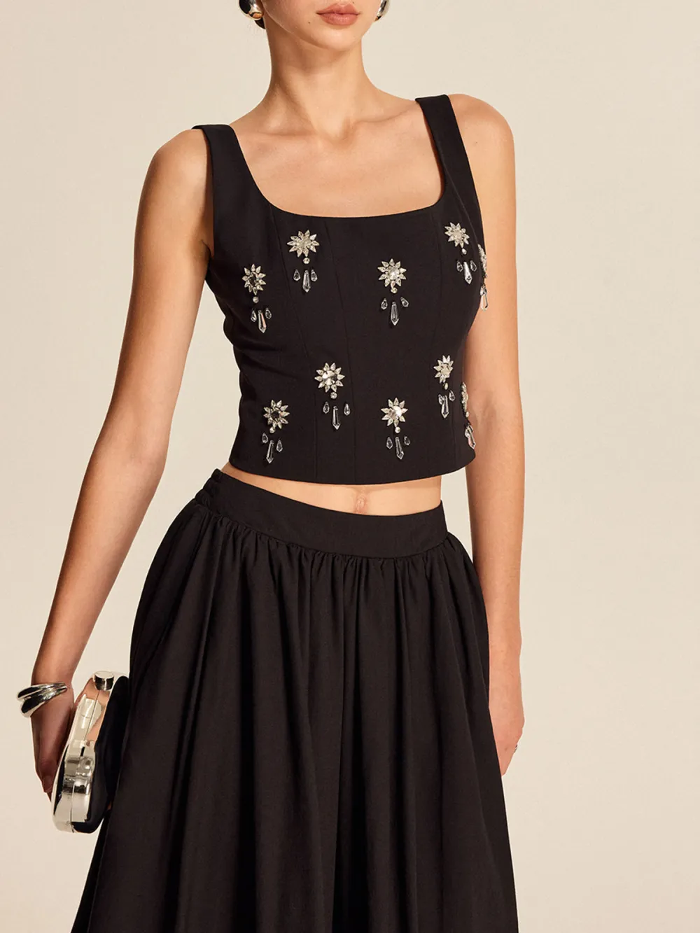 Rhinestonel Detail Square Neck Cropped Top With Back Zipper