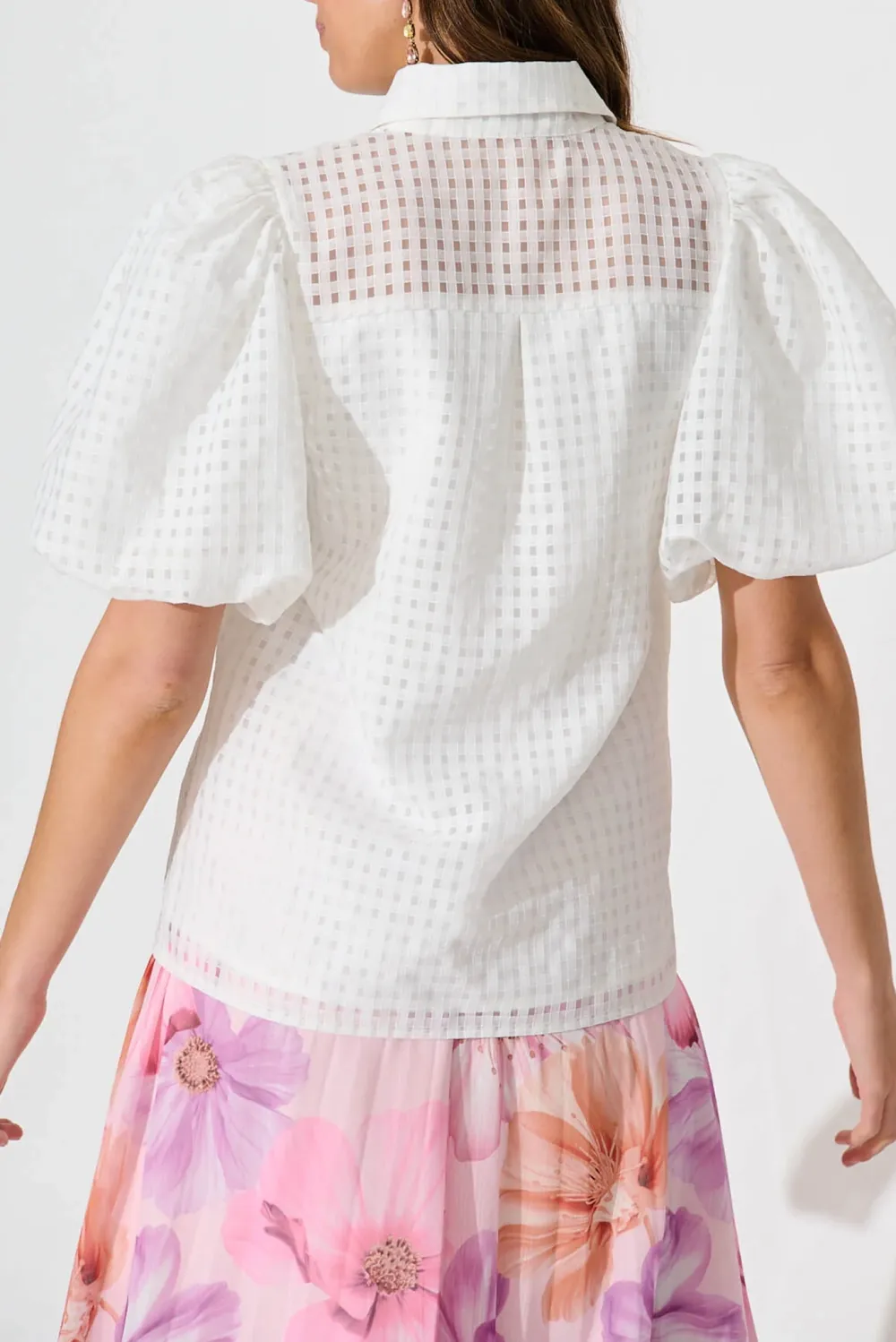 White Eyelet Puff Sleeve Button Up Shirt