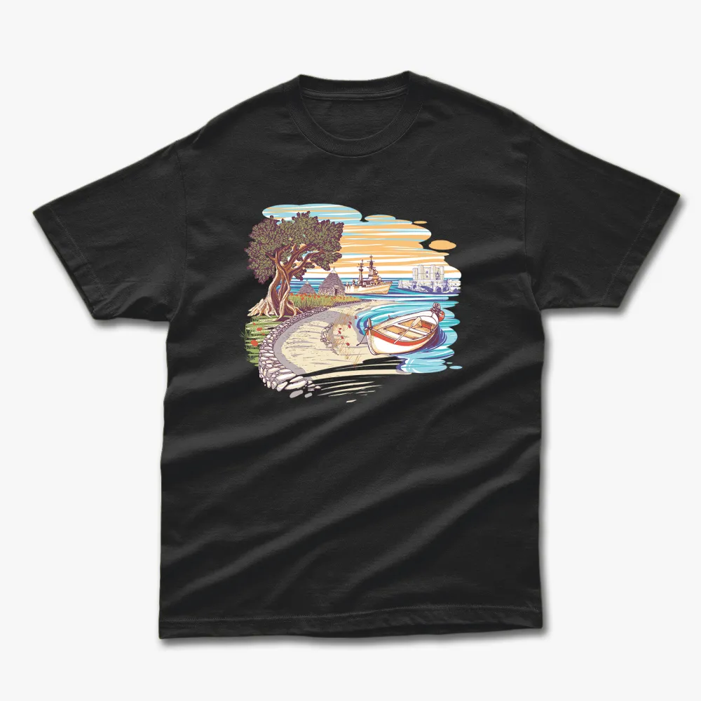 Retro Summer Landscape Printed T-Shirt With Pure Cotton Round Neck And Short Sleeves