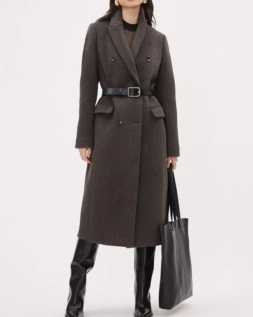 Double-Breasted Long Wool Coat - Dark Funghi