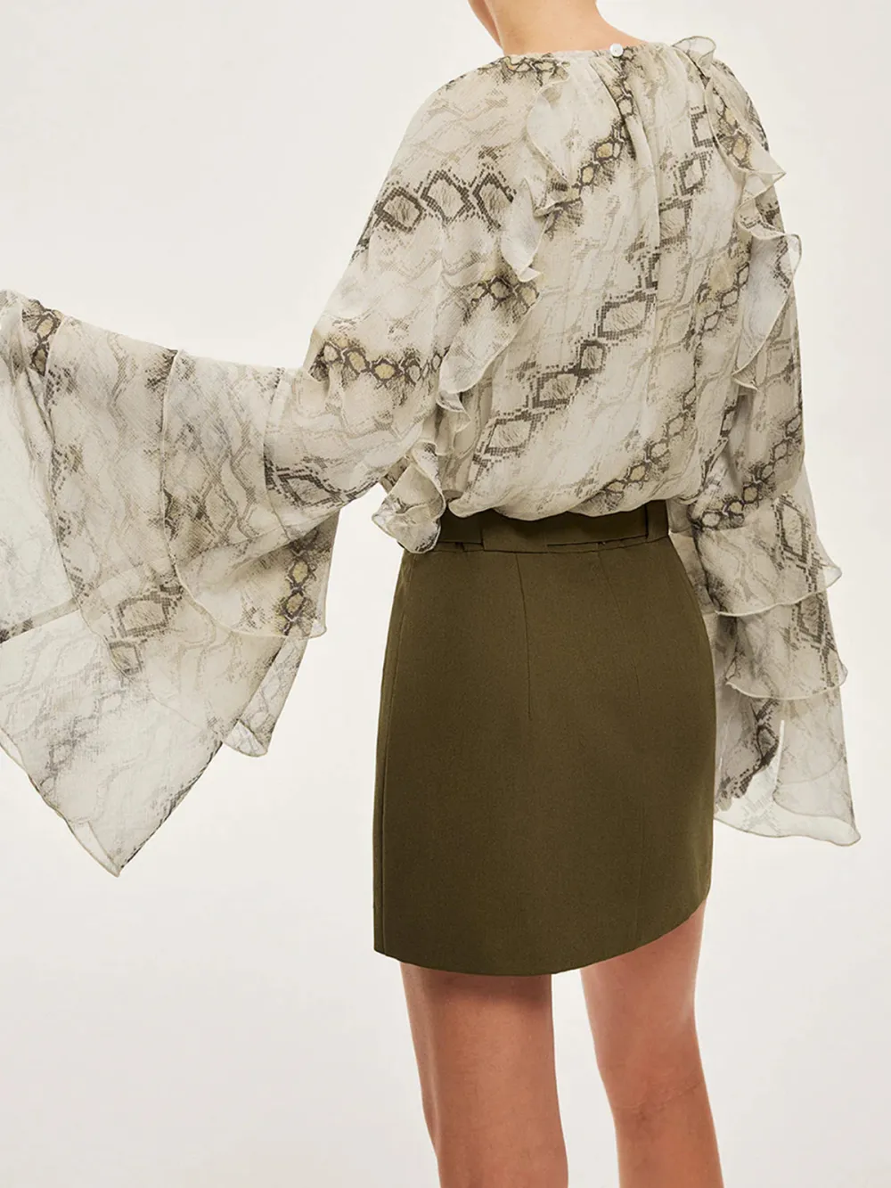 Printed Crew Neck Ruffle Sleeve Blouse