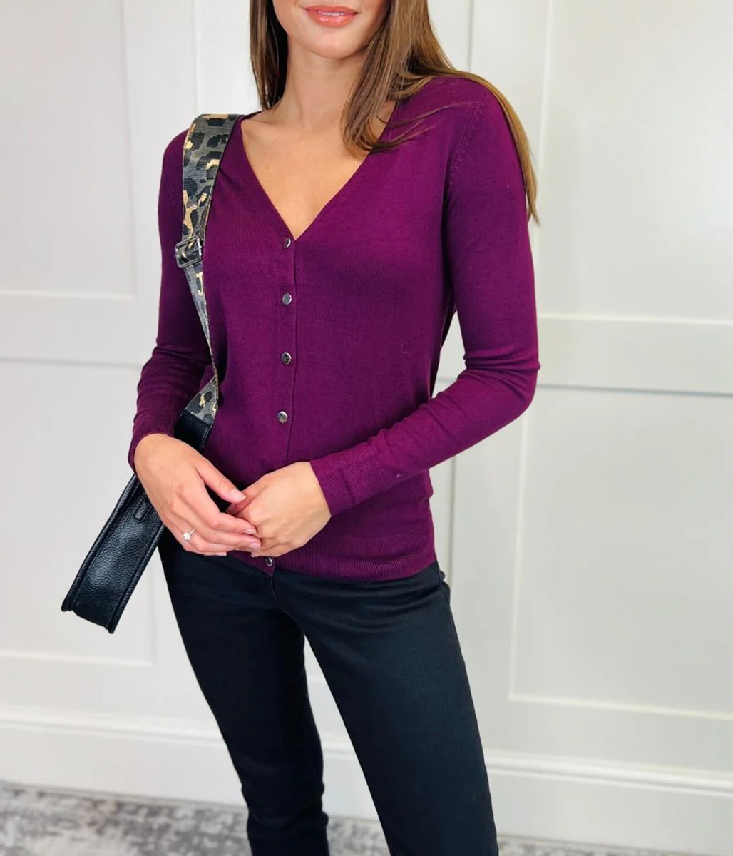 Plum V Neck Button Cardigan