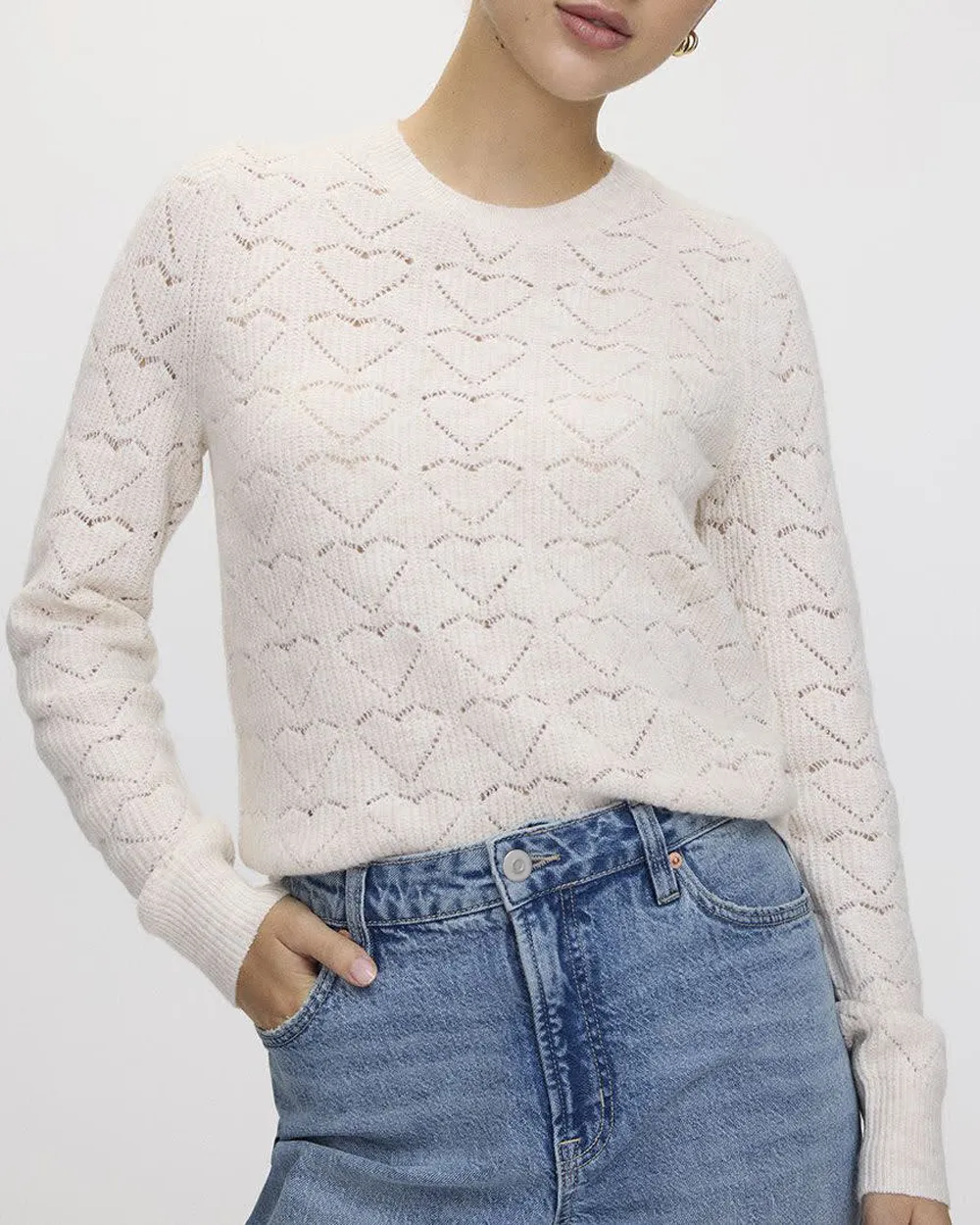 Long-Sleeve Crew-Neck PlushSoft Sweater with Pointelle Hearts