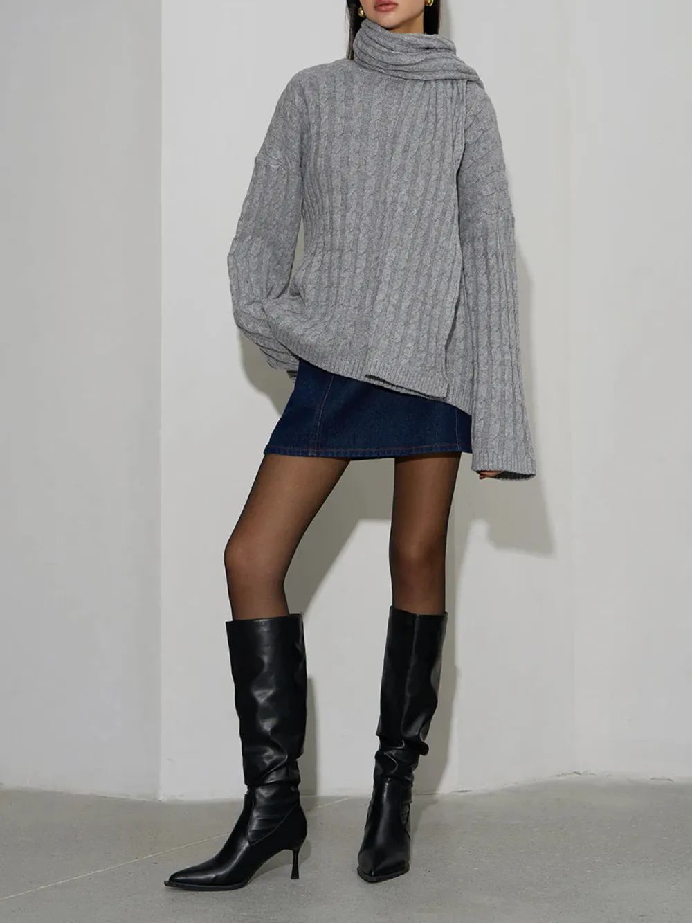 Twisted Knit Drop Shoulder Sweater With Scarf