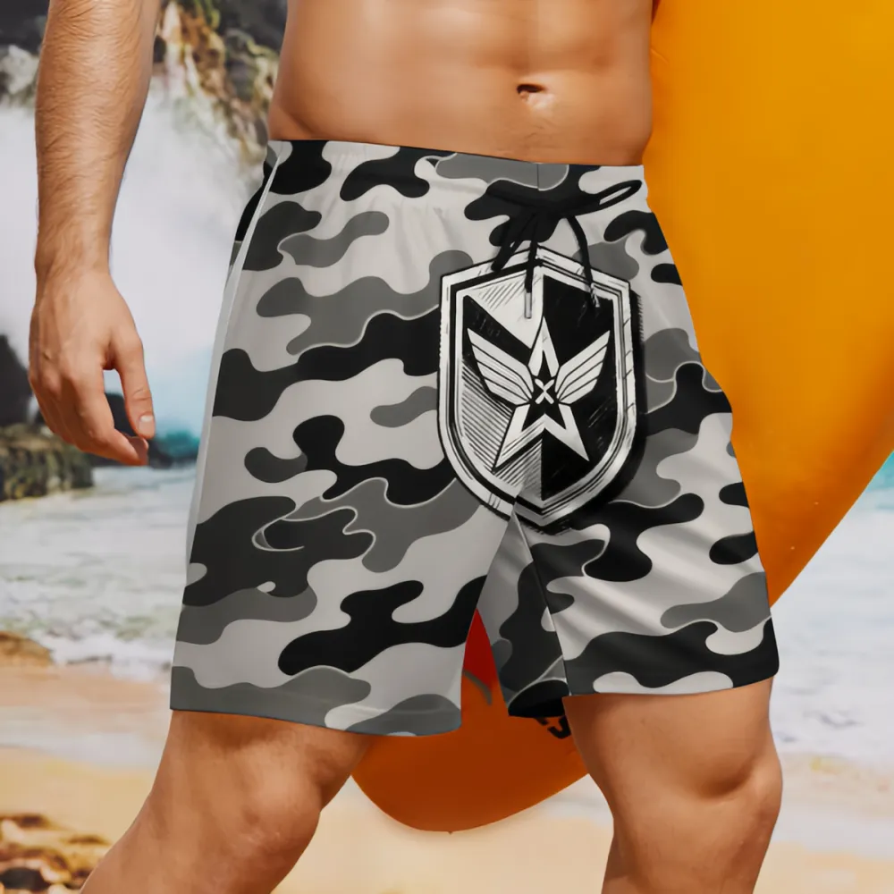 Black And White Camouflage Badge Print Sports Board Shorts
