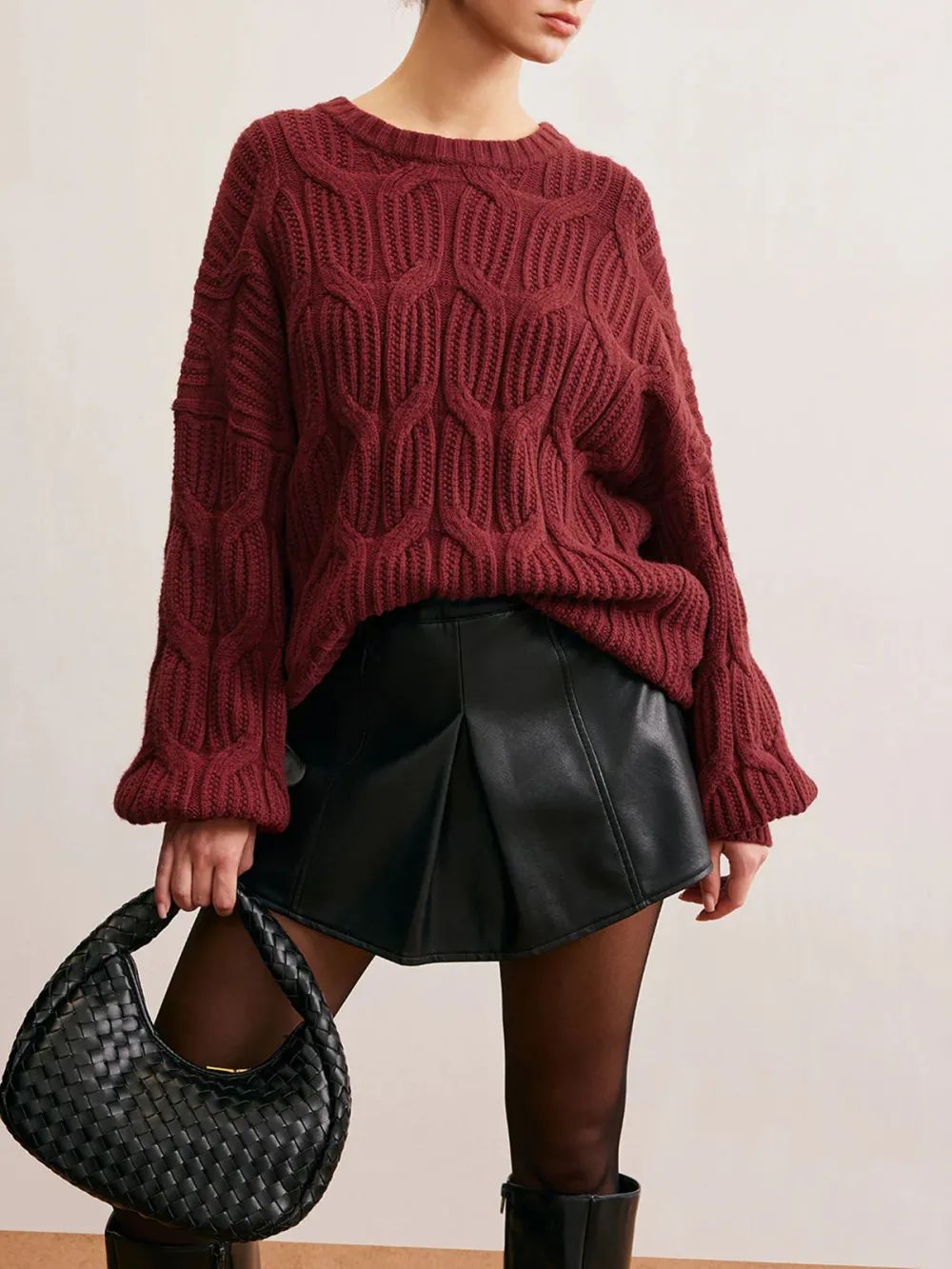 Twisted Knit Round Neck Drop Shoulder Sweater