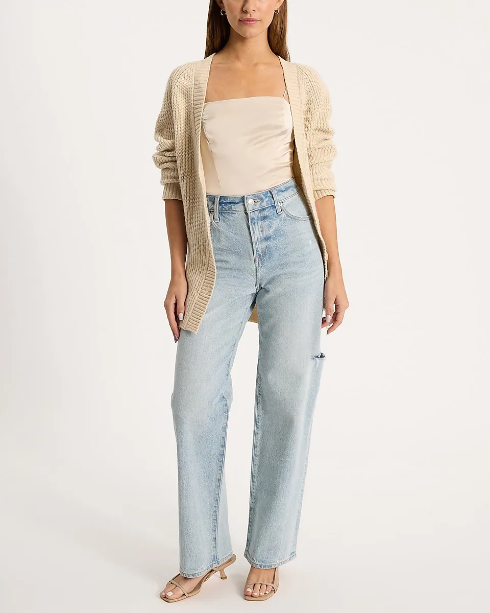 High Waisted Light Wash Ripped 50/50 Rigid Stretch Relaxed Straight Jeans