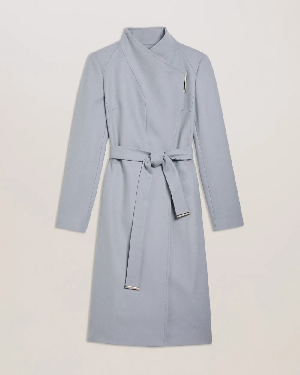 Rose Midi Length Belted Wool Wrap Coat White-Grey