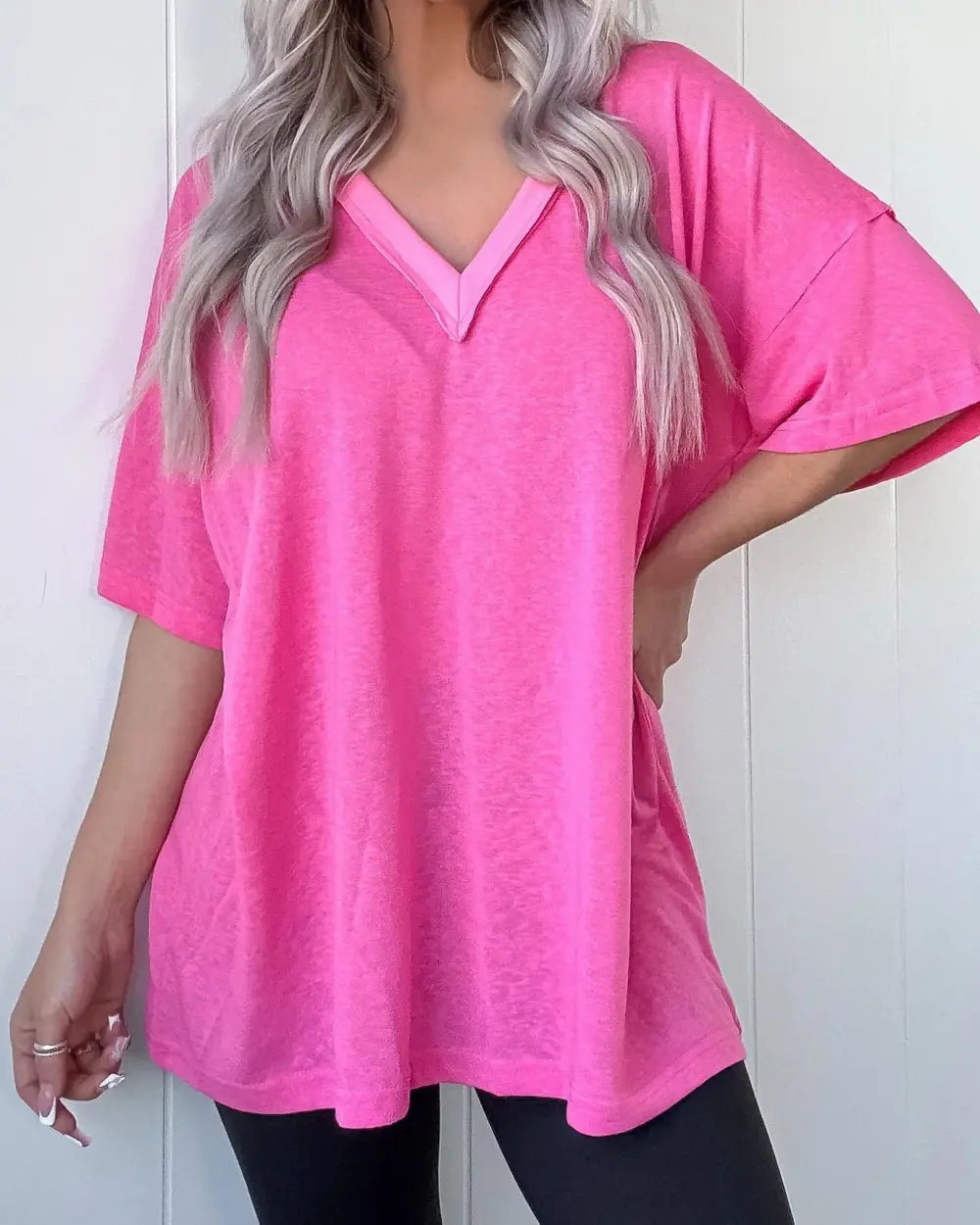 Ethereal Edge V-Neck Tee - Barbie Pink