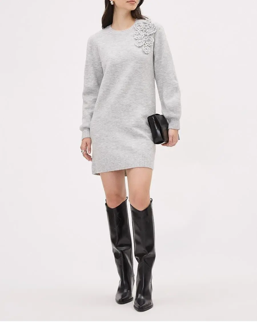 Long-Sleeve Crew-Neck Mini Dress With Flower Applique