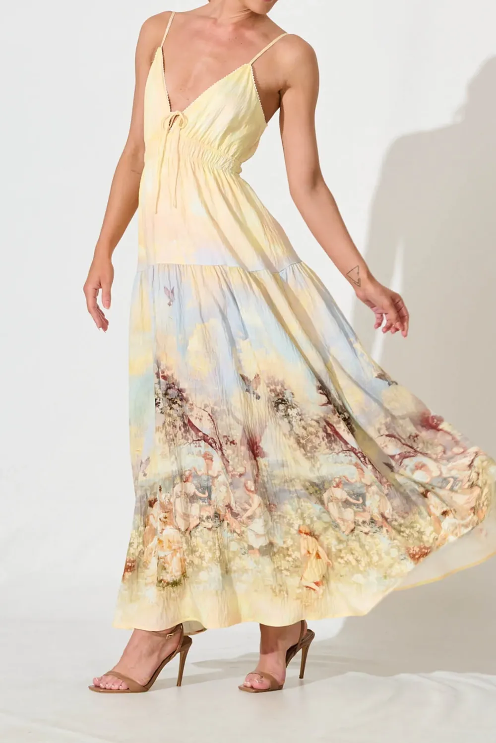 Beige Printed Spaghetti Strap Maxi Dress