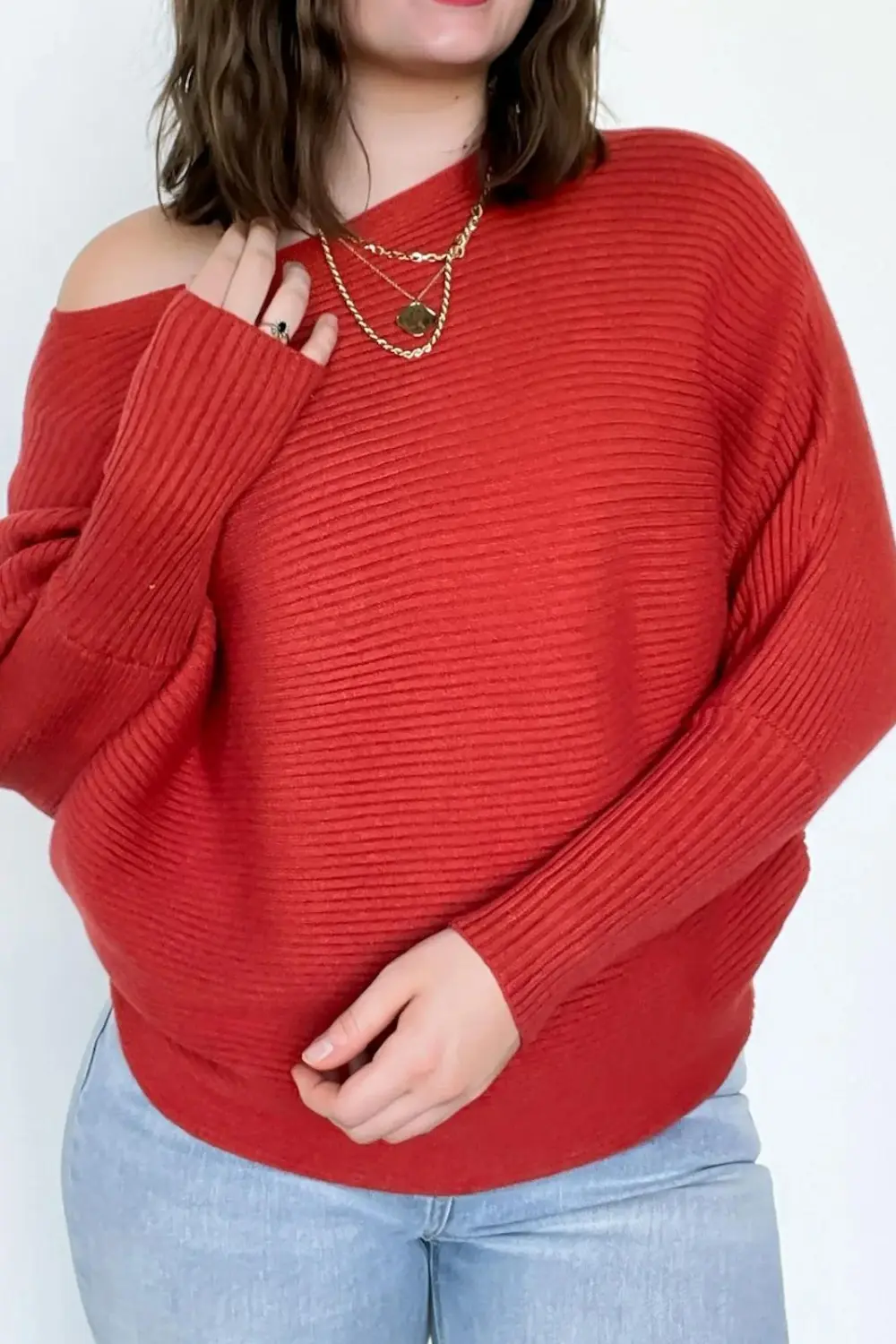 Ribbed Boat Neck Knit Sweater