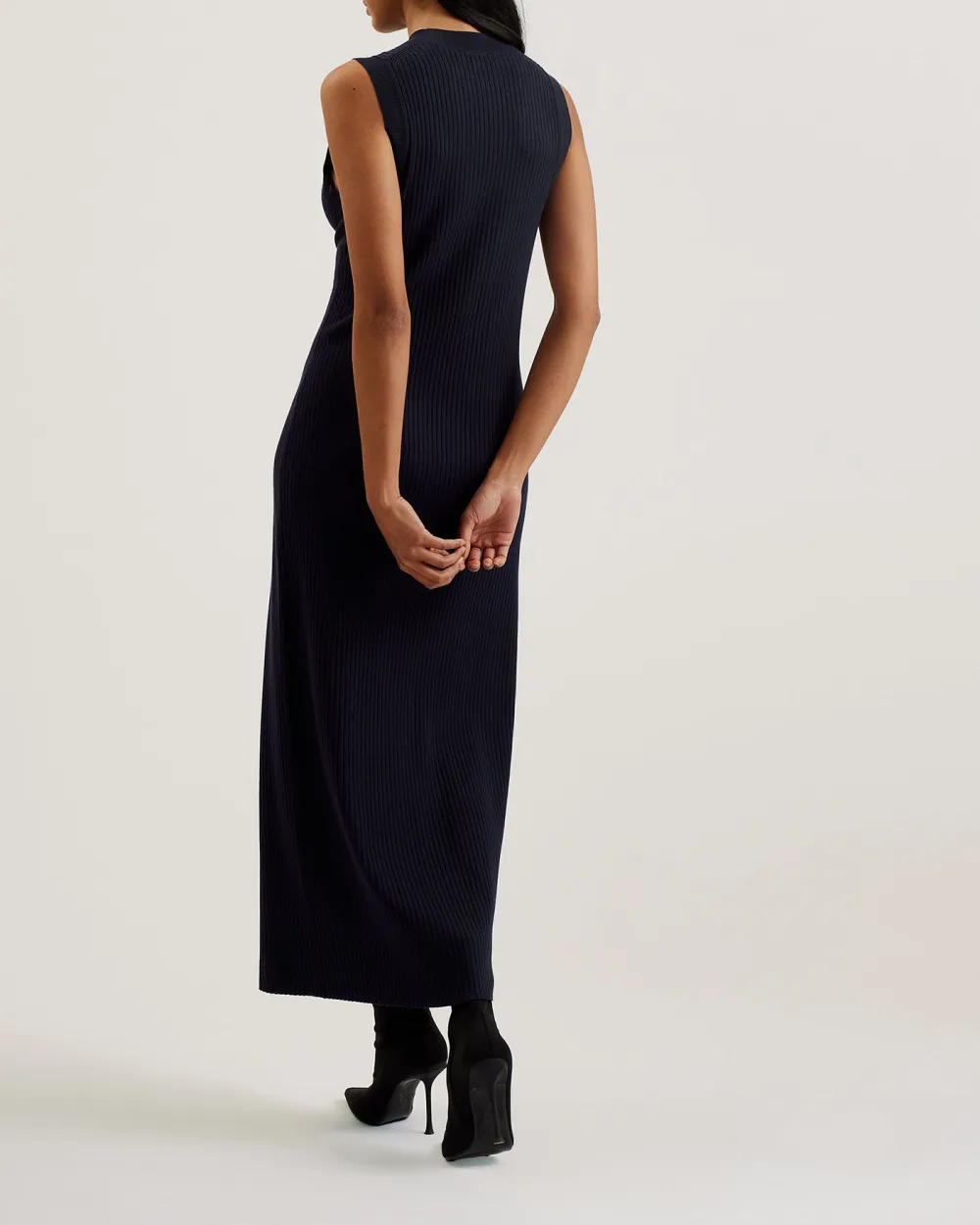 Sandiii Ribbed Crew Neck Knitted Column Maxi Dress Navy