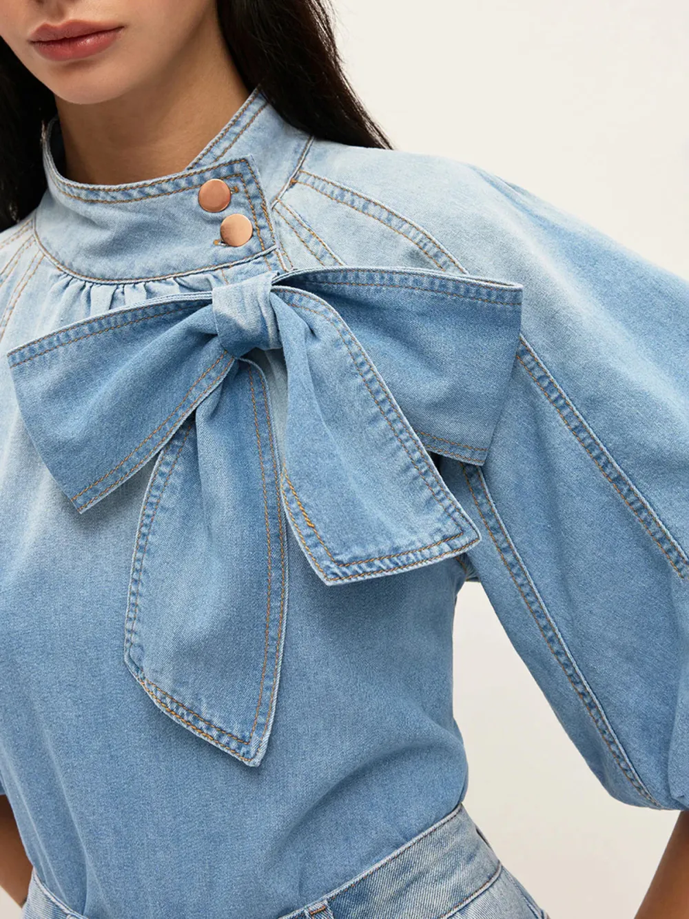 Bow Decor Half Sleeve Denim Blouse