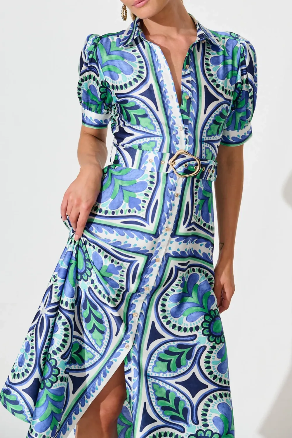 Blue Green Patterned Belted Midi Dress