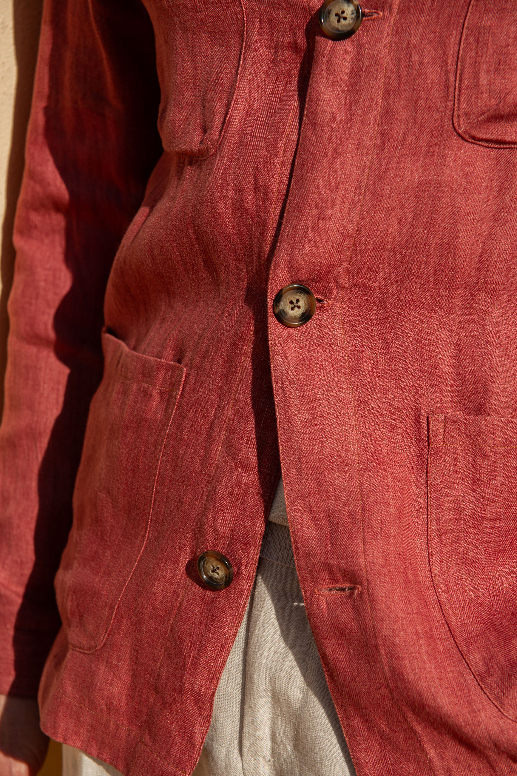 Red Herringbone Linen Safari Jacket