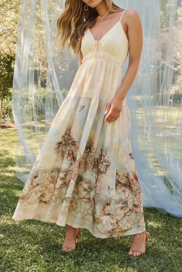 Beige Printed Spaghetti Strap Maxi Dress
