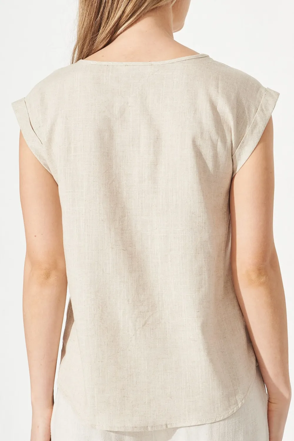 Beige Crew Neck Linen Short Sleeve Top