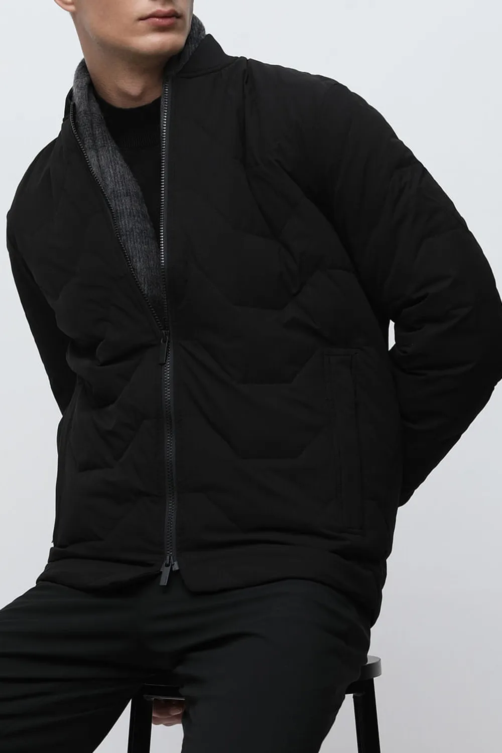 BLACK QUILTED REDOWN BOMBER JACKET