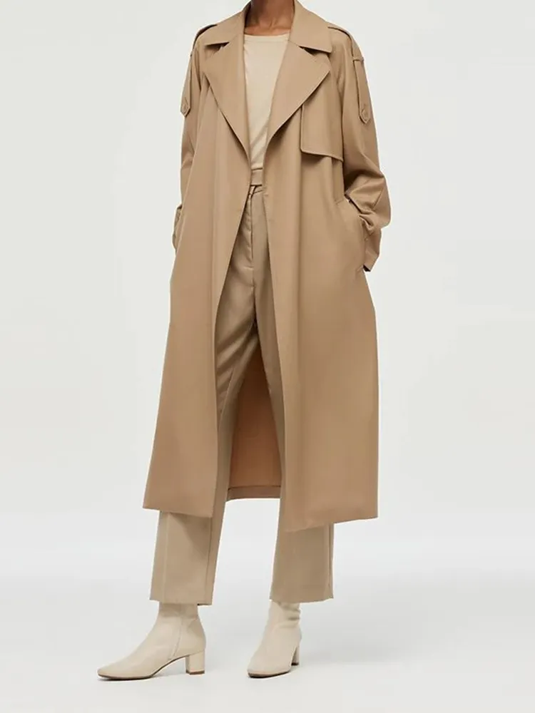 Worsted Wool Lapel Women Trench Coat With Belt