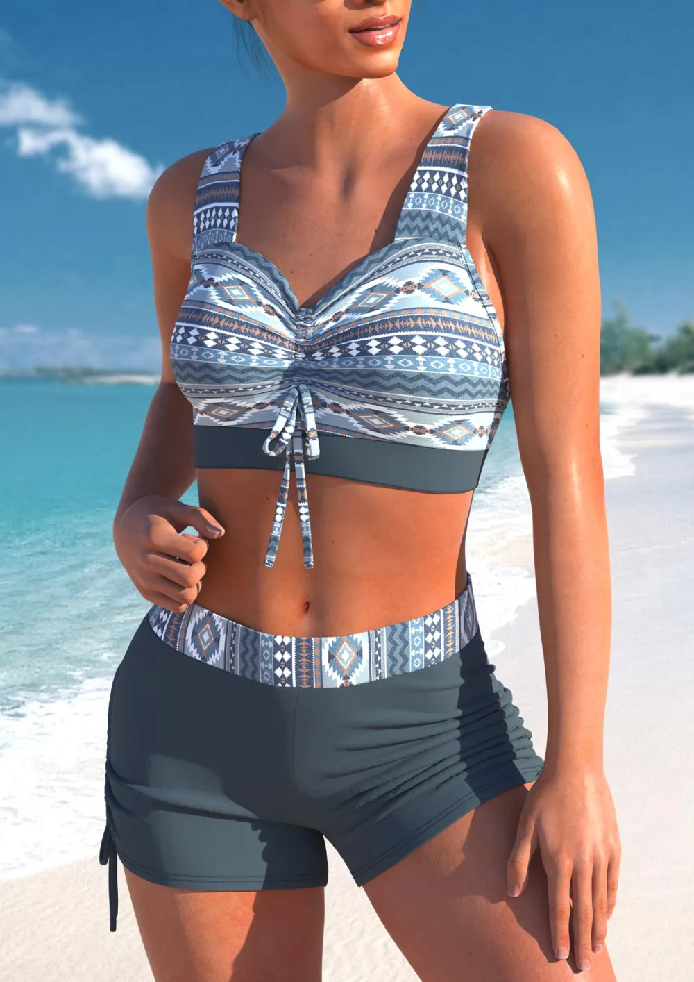 Criss Cross Tribal Print Dusty Blue Bikini Top
