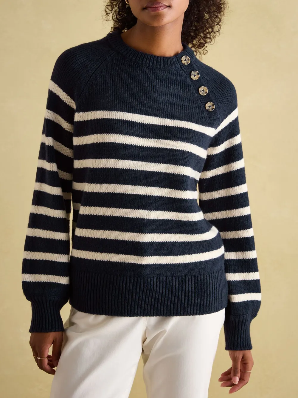 Agnes Navy Striped Button Neck Jumper