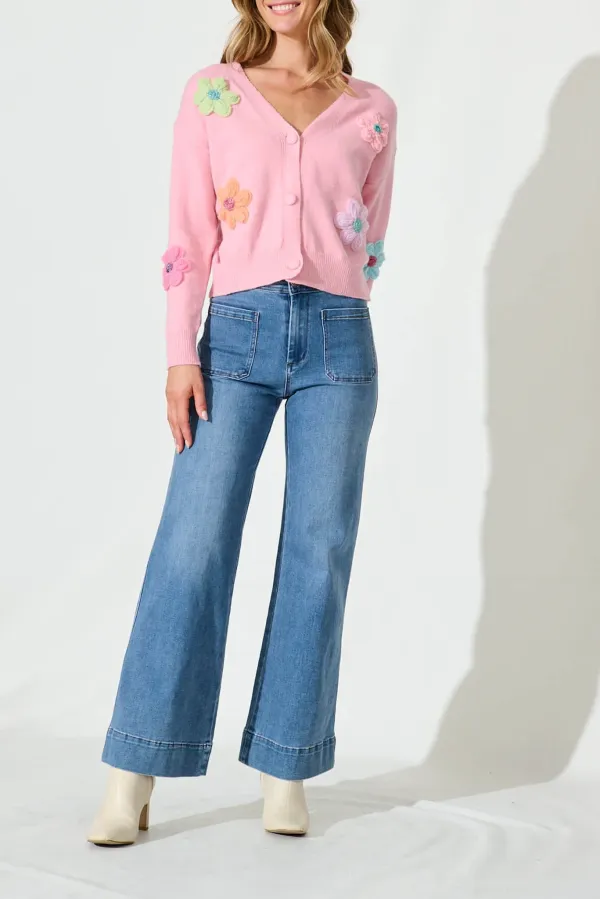 Pink Flower Embroidered V Neck Cardigan