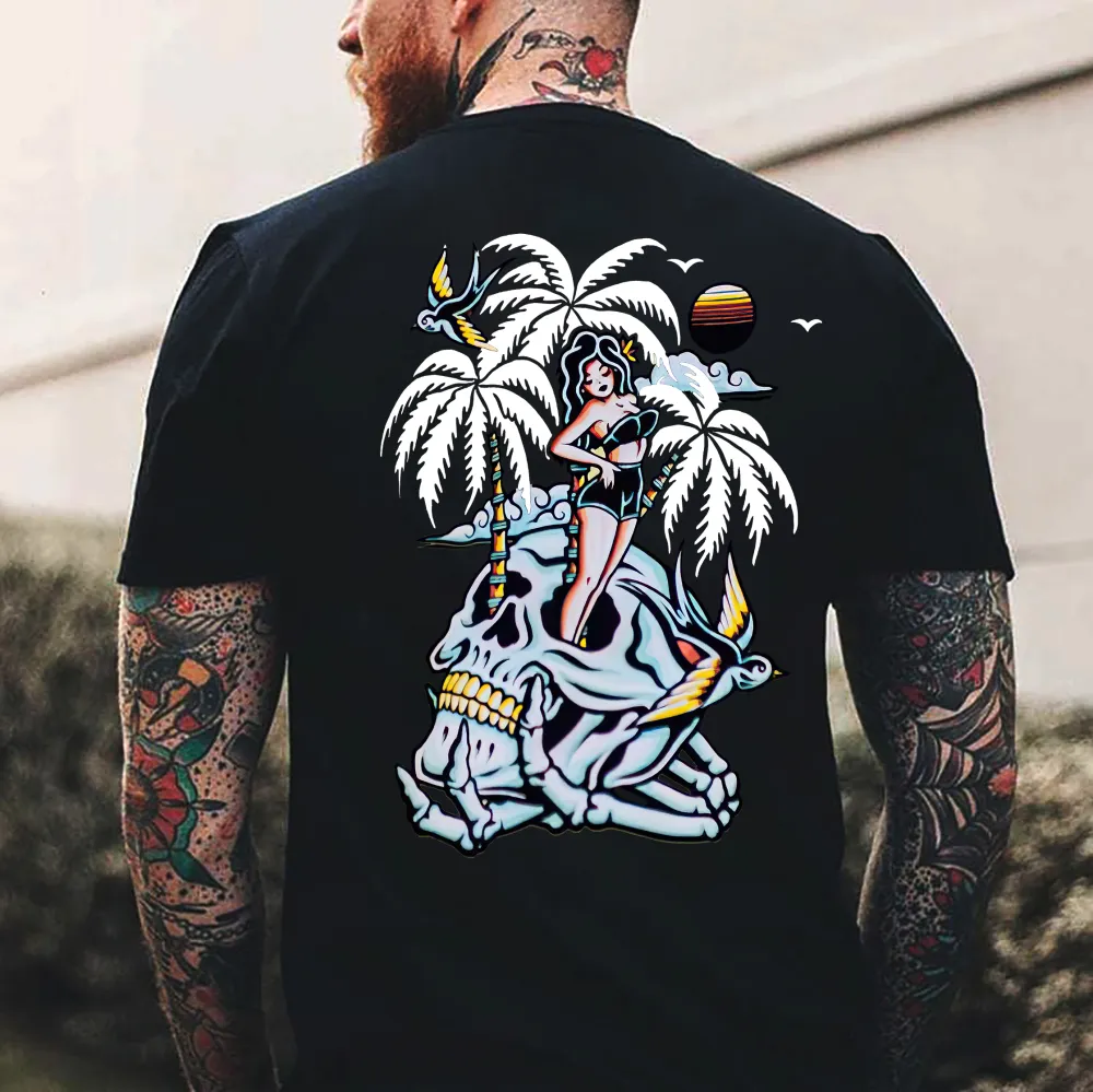 Skull Coconut Tree Printed Casual Men's T-shirt