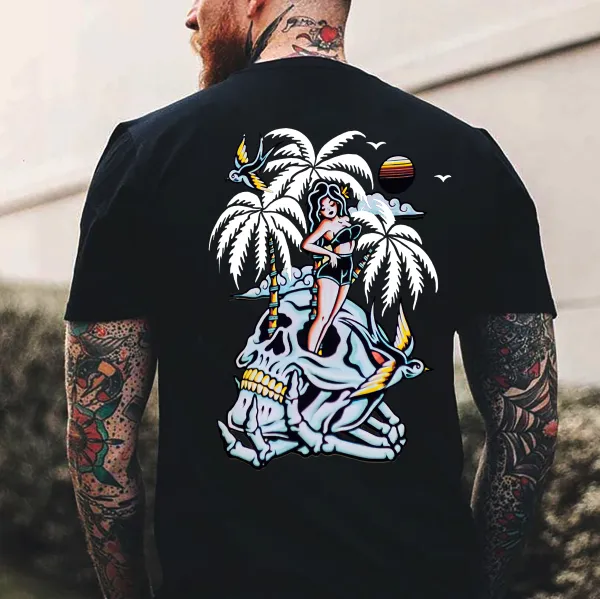 Skull Coconut Tree Printed Casual Men's T-shirt