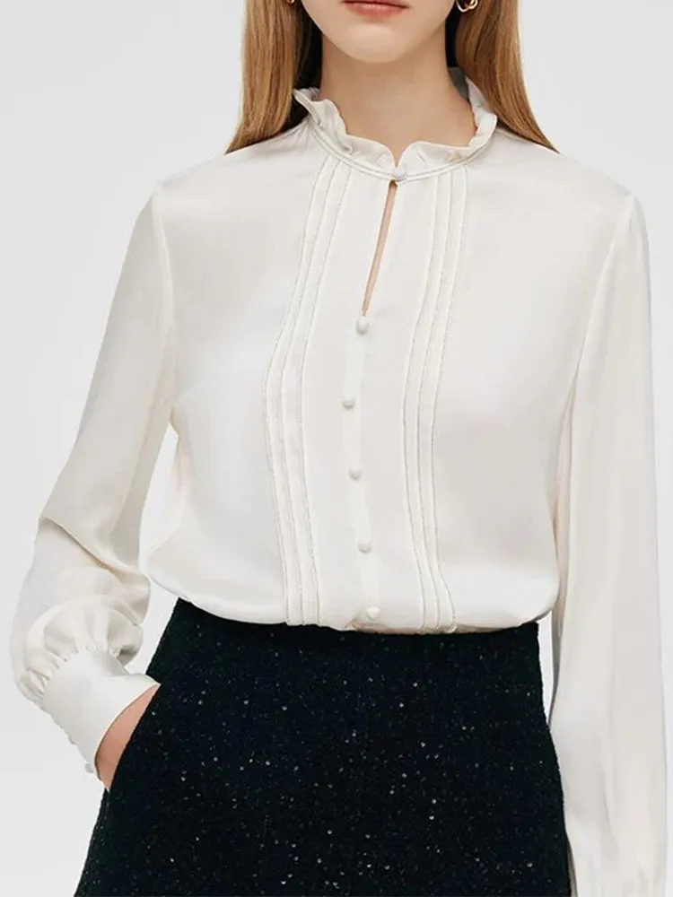 Women's white silk ruffle collar shirt