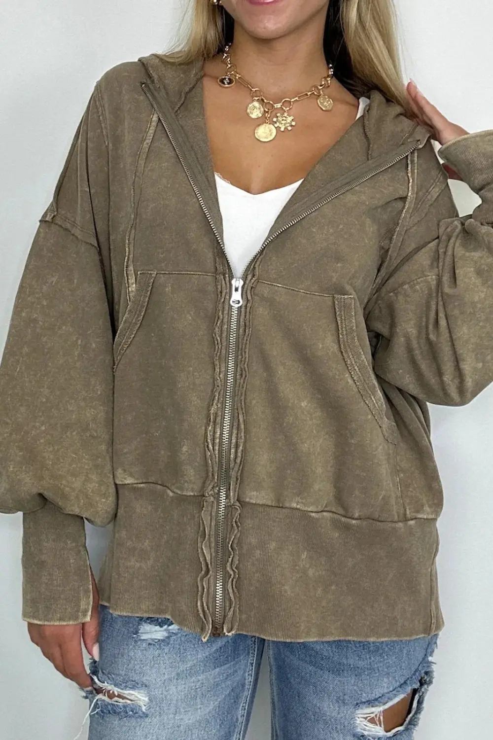 Acid Wash Zip Up Hooded Jacket