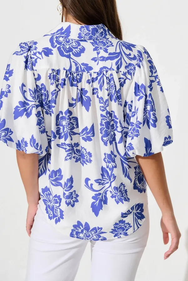 White Shirt With Blue Floral & Puff Sleeves