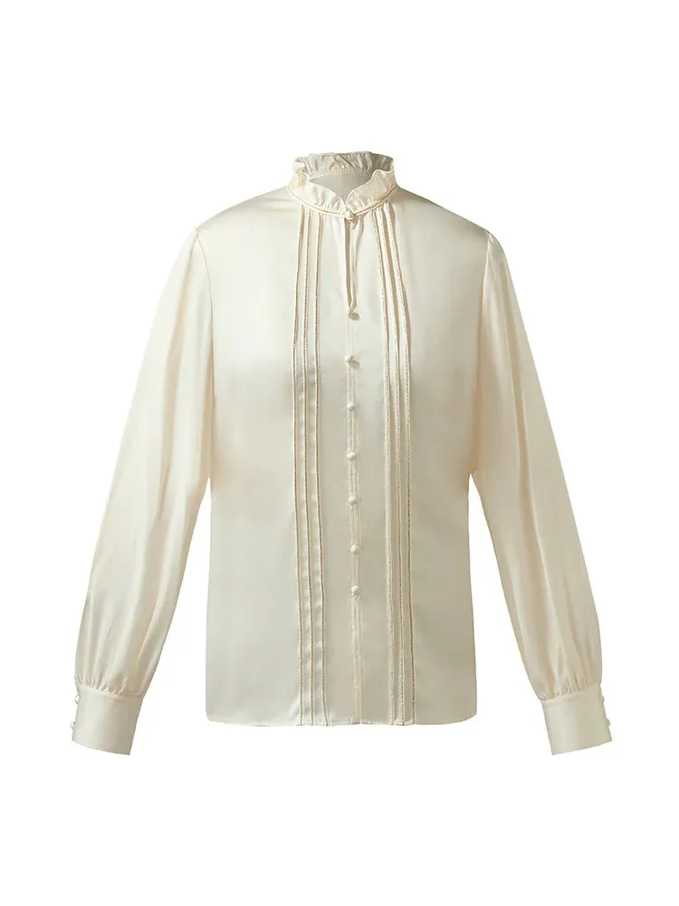 Women's white silk ruffle collar shirt