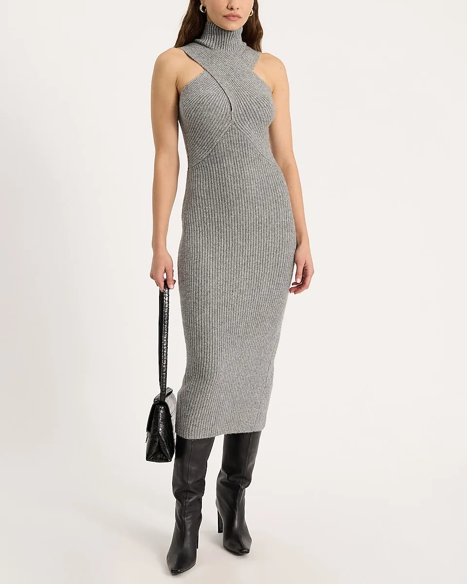 Cross Funnel Neck Sleeveless Midi Sweater Dress