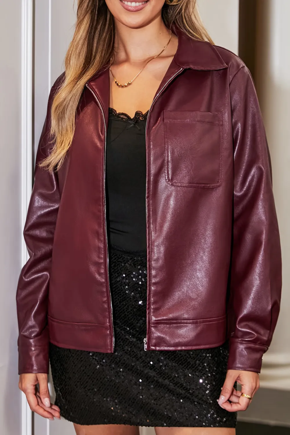 Red Zipper Faux Leather Jacket